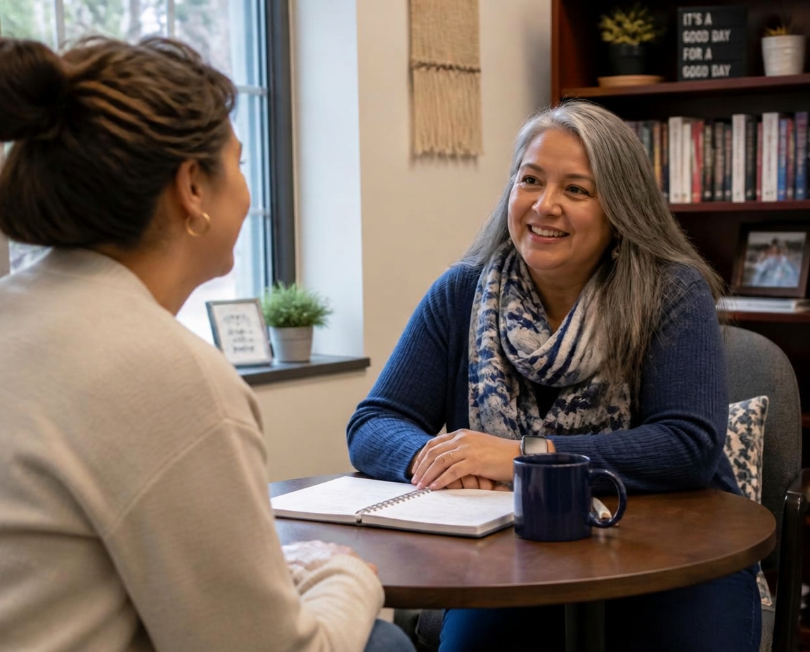 An adult prospective student talking with an approachable Steady Student Career Counselor