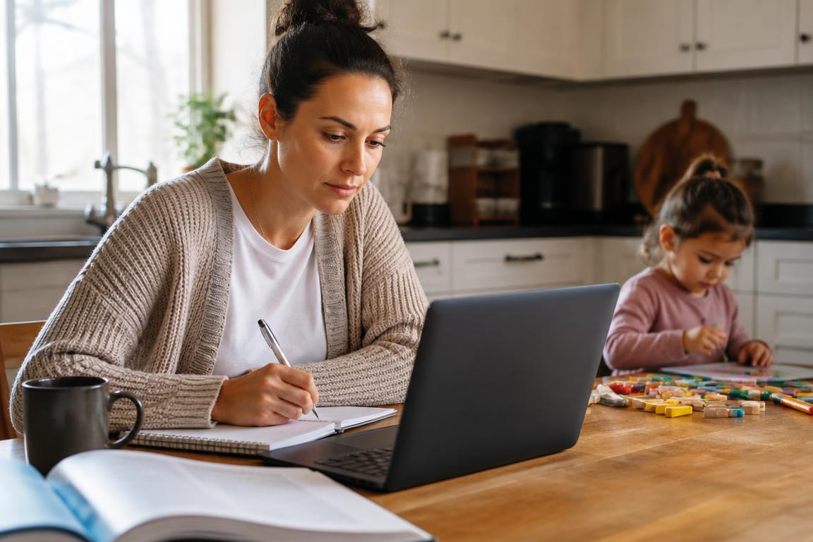 A parent studying at home while a child plays nearby