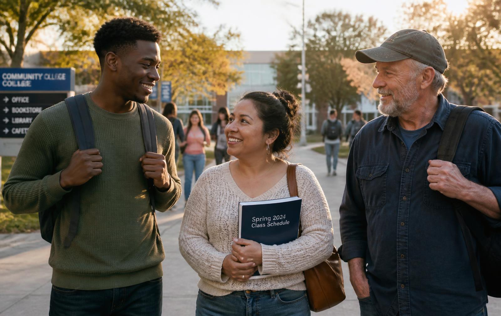 Adult learners walking together on a community college campus