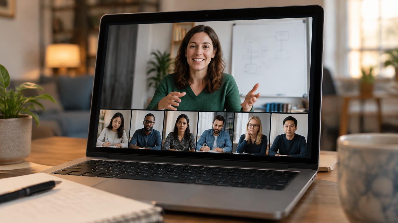 A tutor teaching a small group of adult learners on a video call